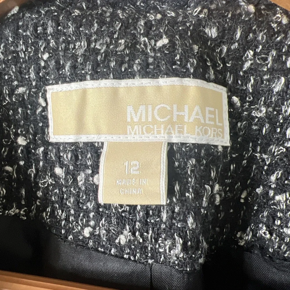 Michael Kors Women's 12 Tweed Cropped‎ Blazer Jacket Black White Snap